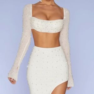 Oh Polly Embellished Cowl Neck Crop Top in Ivory